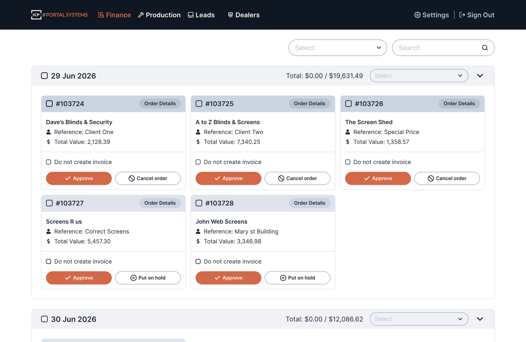 Admin Portal finance view: orders landed, priced and ready to approve