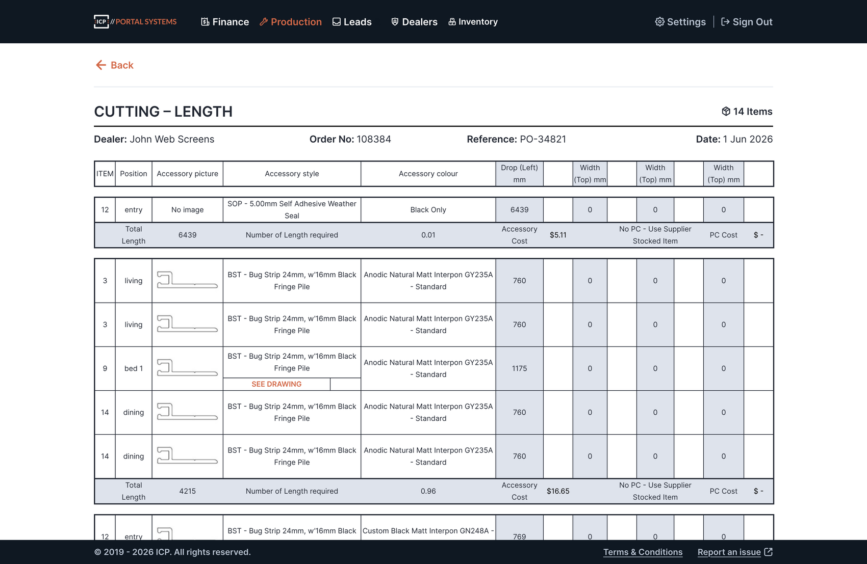 Admin Portal production: cutting list generated straight off the order