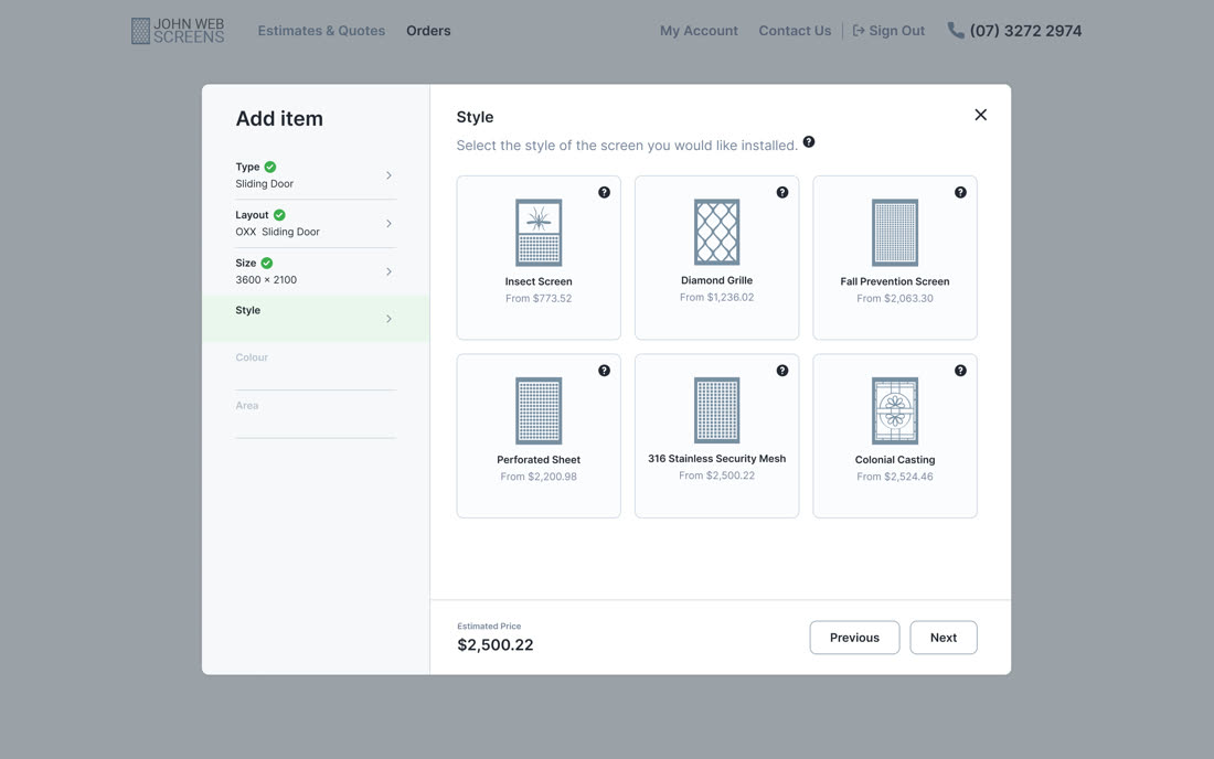 Every style option priced automatically in the portal