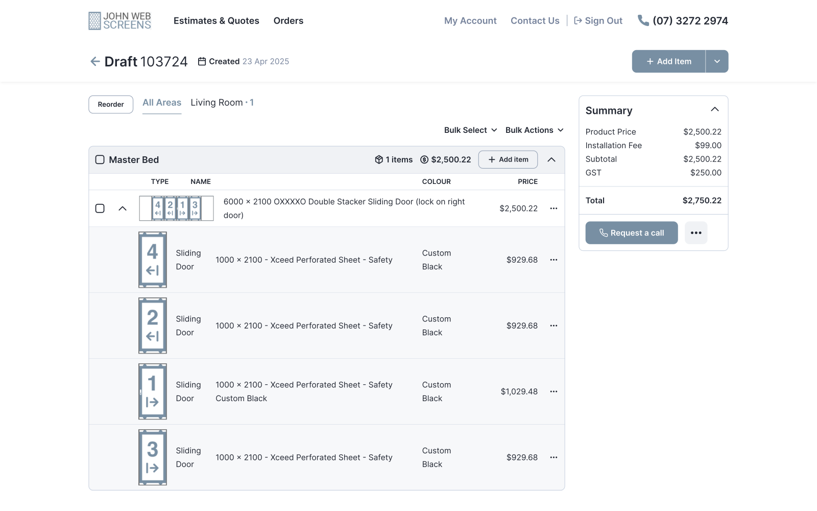 The customer's draft estimate with a full breakdown