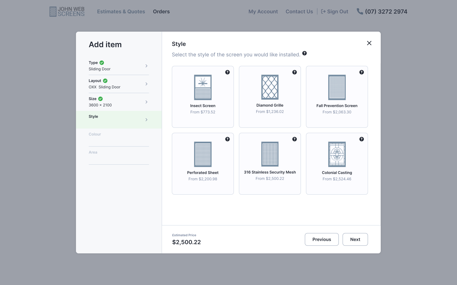 The customer picks a screen style with live pricing